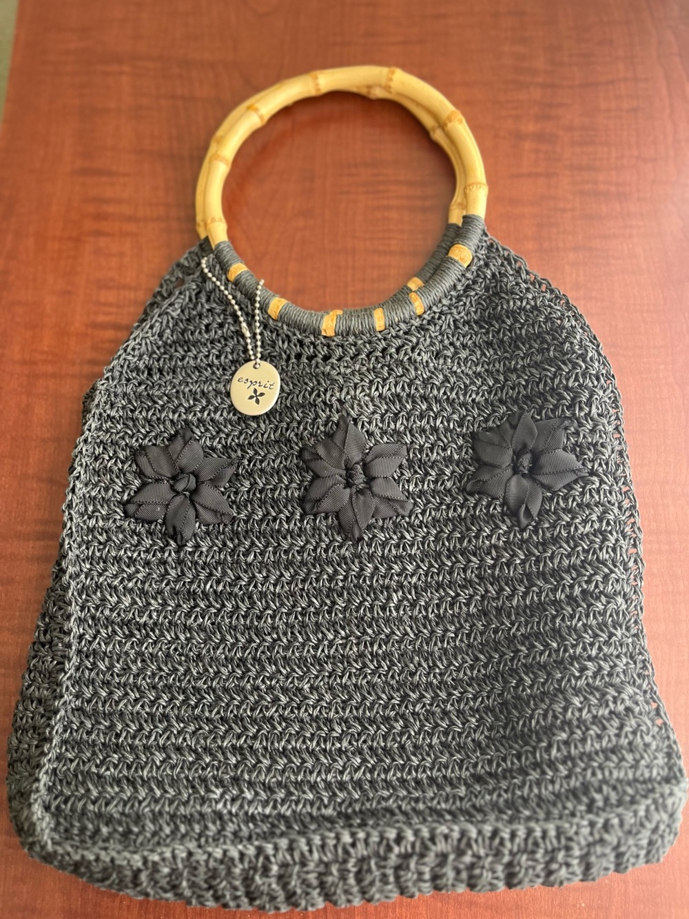 Esprit Black Rafia Crochet Shoulder Bag with Bamboo Ring Handles Y2K